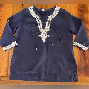 Symple MK 100% Linen Navy Blue Tunic Top with White Embroidery, Size Medium
